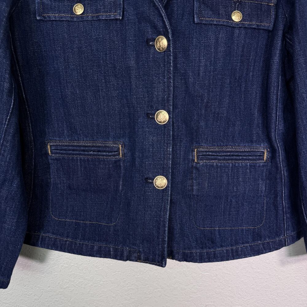 J Crew Denim Blazer Jacket Womens 12 Jean Short Gold Button Utility Preppy Chic - Picture 3 of 10